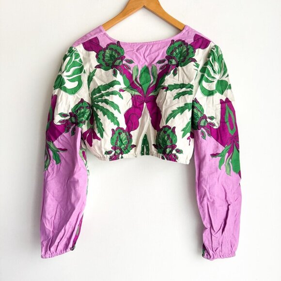 Caroline Constas Purple Green Floral Long Sleev Cropped Top L - Picture 6 of 7